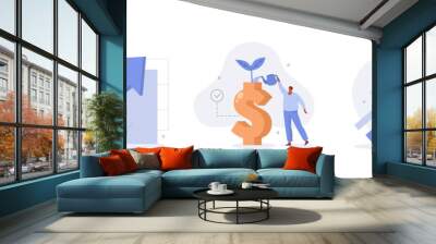 Finance growth illustration set. Characters analyzing investments, celebrating financial success and money growth. Money increasing concept. Vector illustration. Wall mural