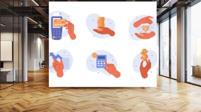 Hands gestures illustration set. Character hands holding money, credit card, bill, making donations and other financial activity. Finance occupations concept. Vector illustration.
 Wall mural