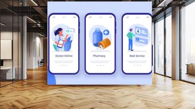 Healthcare and Medicine Mobile App Pages Template. Patient Choosing Online Doctor and Receiving Medicament Prescription. Different Medical Services Concept. Flat Isometric Vector Illustration. Wall mural