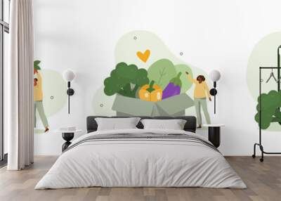 Healthy eating illustration set. Character buying fresh organic fruit, vegetables in online grocery shop and receiving veggie box delivery. Local production support concept. Vector illustration. Wall mural