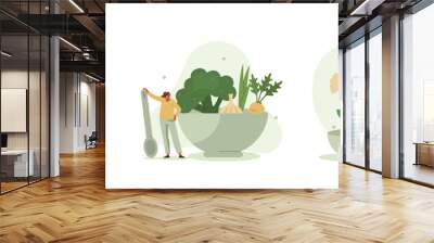 Healthy eating illustration set. Characters cooking fresh salad and other healthy meals from fresh vegetables and fish. Balanced vegetarian and vegan diet concept. Vector illustration. Wall mural