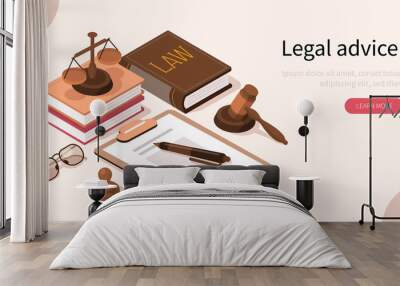 Lawyer Office Workplace with Signed Legal Contract, Judge Gavel, Scales of Justice and Legal Books. Law and Justice Concept. Flat Isometric Vector Illustration. Wall mural