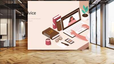 Lawyer sitting in Office and Consulting Client Online on Laptop. Signed Legal Contract and Legal Books lying on Table Desk. Law and Justice Concept. Flat Isometric Vector Illustration. Wall mural