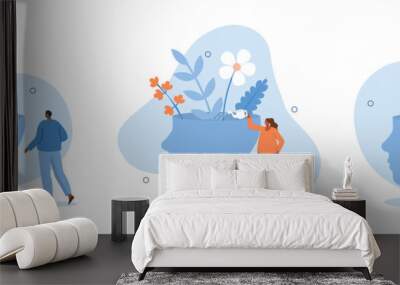 Mental health illustration set. Characters trying to solve mentality problems and fighting against emotional burnout. Psychotherapy concept. Vector illustration.
 Wall mural