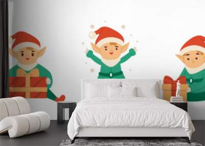 Merry Christmas concept illustration. Collections of Christmas elf character holding and packing holiday gifts. Santa Claus helper. Vector illustrations set. Wall mural