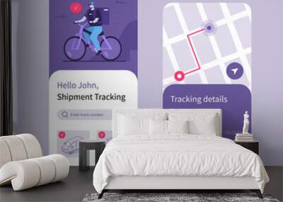 Mobile App Design Template for Delivery Tracking Service. Interface Elements, Icons, Background. Courier Delivering Parcel Box. Online Delivery. Ui Concept. Flat Cartoon Vector Illustration. Wall mural