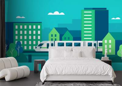 Modern city center with train, buildings and private houses. Subway train rides at railway station. Urban minimal geometric landscape. Cityscape scene. Flat cartoon vector illustration. Wall mural