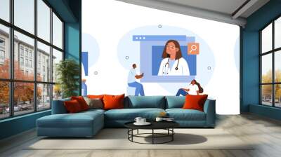 Online medical services illustration set. Patients meeting with doctors online, having consultation and receiving digital prescription. Telemedicine and e-health concept. Vector illustration. Wall mural