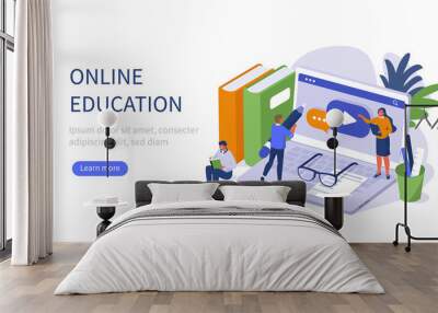 People Character Standing near Office Desk with Laptop, Books and Other Studying Supplies. Training Courses and Tutorials. Online Education and E-Learning Concept. Flat Isometric Vector illustration. Wall mural