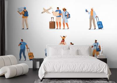 People Characters with Bags, Suitcases and Backpack at the Airport hurry up for Departure. Travelling Girls, Boys, Family and Couple. Vacation and Tourism Concept. Flat Cartoon Vector Illustration. Wall mural