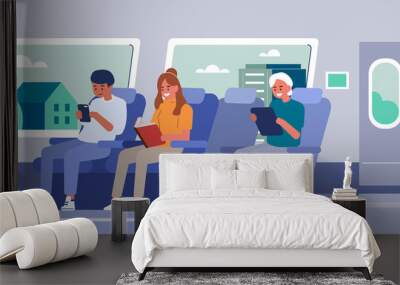 People travel by train. Male and female characters sitting on chairs in a train carriage. Passengers in railway transport. Public transportation concept. Flat cartoon vector illustration.  Wall mural