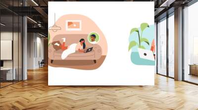 People Working at Home. Man and Woman using Smartphones and Laptops. They Chatting, Talking by Video Call with Colleagues, Family and Friends. Characters Set. Flat Cartoon Vector Illustration. Wall mural