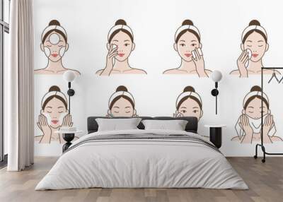 Skincare illustrations set. Collection of girl applying cleansing products and washing her face with water. Beauty and hygiene concept. Vector illustration.
 Wall mural