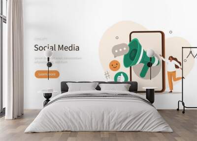 Social media marketing. Characters communicating with audience in social media and using marketing strategy to increase followers. Digital marketing and media concept. Vector illustration. Wall mural