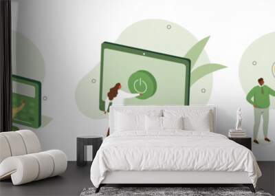 Sustainability concept illustration. Collections of characters reduce energy consumption at home, use energy saving light bulb, switch device to standby mode. Vector illustrations set. Wall mural