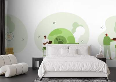 
Sustainability illustration set. Characters showing ways to reduce CO2 emission impact through carbon management and taxes. Low carbon and environmental responsibility concept. Vector illustration. Wall mural