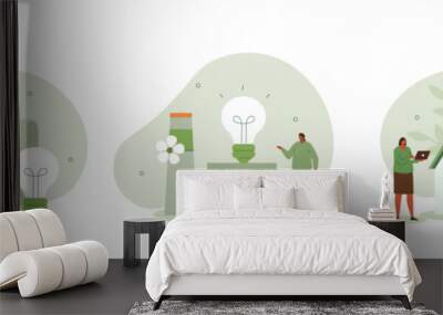 Sustainability illustration set. Energy efficiency in household and industry. Characters using green electricity, paying less and saving money. Electricity consumption concept. Vector illustration. Wall mural