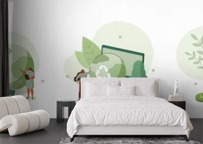 Sustainability illustration set. ESG, green energy, sustainable industry with windmills and solar energy panels. Environmental, Social, and Corporate Governance concept. Vector illustration. Wall mural