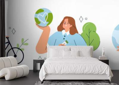 Sustainable lifestyle concept illustration. Collections of characters riding bike, planting trees, taking care of nature against climate change. Vector illustrations set. Wall mural