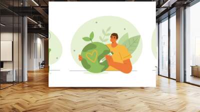 Sustainable lifestyle concept illustration. Collections of men and women characters recycling plastic garbage, eating vegetables and taking care of nature. Vector illustrations set. Wall mural