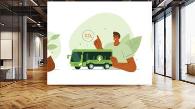 Sustainable transport concept illustration. Collections of men and women characters showing benefits of electric transportation with car, bus and bike. Vector illustrations set. Wall mural