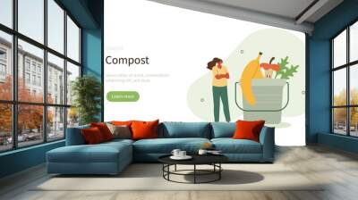 Waste organization. Character using organic bio waste bin to composting biodegradable garbage. Home composting concept. Vector illustration. Wall mural