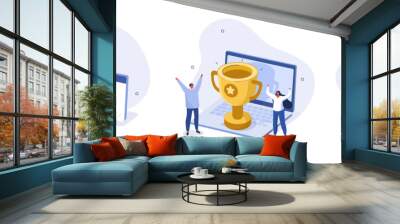 Winners with prize illustration set. Characters celebrating first place victory with golden cup, medal and other winning trophies. Business goals, achievement and success concept. Vector illustration. Wall mural