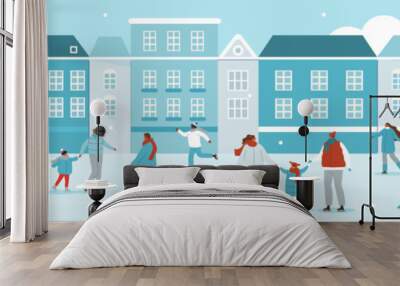 Winter holidays concept. Happy people skating on the outdoor ice rink in city street together. Women, men and children having fun. Vector illustration. Wall mural