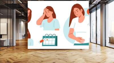 Woman suffer from stomach ache, headache and other period symptoms. Menstrual cramp or endometriosis abdominal pain concept. Vector illustration.
 Wall mural