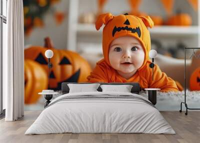 Smiling baby in an orange hooded outfit lying on the floor with a carved Jack-O'-Lantern in front. Cozy Halloween night concept. Wall mural