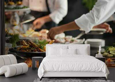 The chef prepares dishes for the buffet table in the restaurant. Wall mural