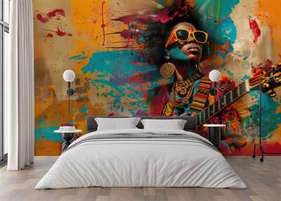 The digital collage depicts a man with an electric guitar against a bright graffiti-style background. The bright colors and urban aesthetic evoke a strong musical or performance theme. Wall mural