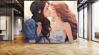 The girls are kissing. LGBT, lesbians. World Kissing Day. Valentine's Day. Generative AI. Wall mural