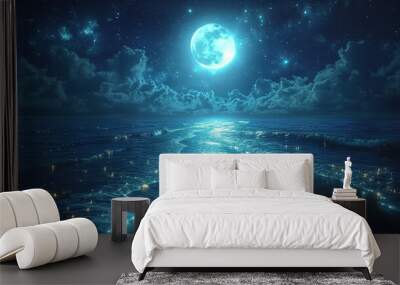 The Moon Night And Sea. Fiction. Concept Art. Realistic Illustra Wall mural