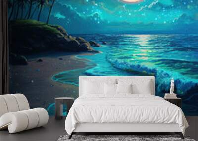 The Moon Night And Sea. Fiction. Concept Art. Realistic Illustra Wall mural