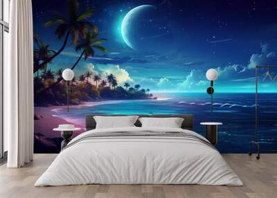 The Moon Night And Sea. Fiction. Concept Art. Realistic Illustra Wall mural