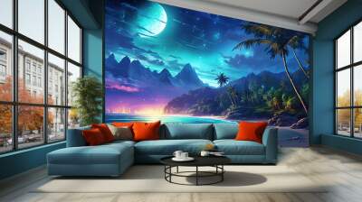 The Moon Night And Sea. Fiction. Concept Art. Realistic Illustra Wall mural