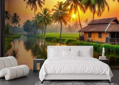 Tranquil Sunset Over a Kerala Village Canal. Generative AI Wall mural