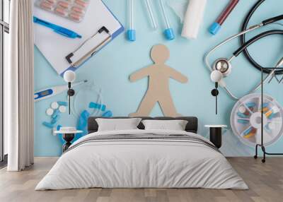 Treatment of a person from the virus and flu. Test tube for taking a blood sample.  Medications to treat the virus. Mask, for protection and prevention of diseases, Items for detecting the virus  Wall mural