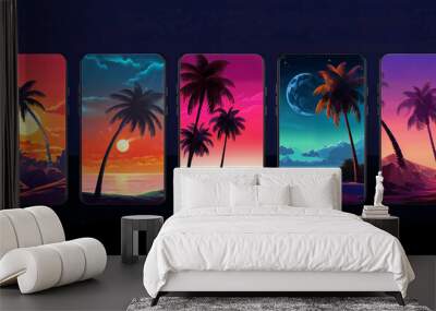 Tropical beach landscapes with palm trees, beach, moon on mobile phone screen. Vivid retrowave synthwave vaporwave wallpaper for party poster. Travel concept. Electronic retro music cover Wall mural