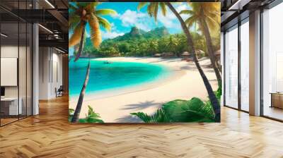 Tropical beach with palm trees and turquoise sea water Wall mural