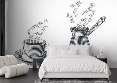 Turkish cezve pot and cup of hot drink. Hand drawn engraving style illustrations. Wall mural