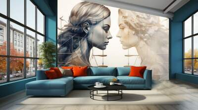 Two female faces in a symmetrical composition with a libra and gold decorations. Wall mural