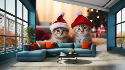 Two happy small pets, a kitten and a puppy, sit in red Santa hat, Merry Christmas and Happy New Year, closeup, generative AI. Wall mural