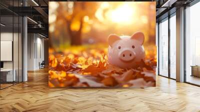 A charming pink piggy bank rests among warm autumn leaves. The soft golden sunlight illuminates the scene. This image captures the essence of savings and fall. AI Wall mural