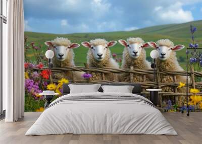 A charming scene featuring four sheep standing behind a rustic wooden fence. Vibrant wildflowers in various colors surround them. This image captures the beauty of nature and rural life. AI Wall mural