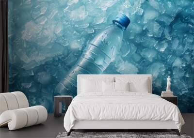 A clear plastic water bottle rests on a bed of ice cubes. This image captures the refreshing essence of cold water and hydration. Ideal for advertising and wellness themes. AI Wall mural