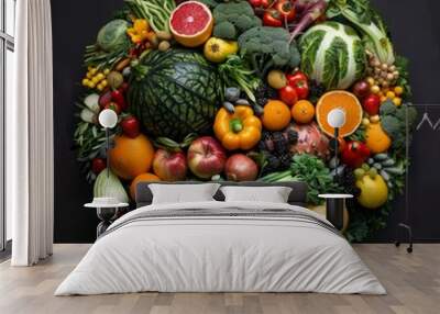 A colorful, vibrant circle of fresh fruits and vegetables arranged in a stunning way. Perfect for promoting healthy eating. Ideal for organic food themes and diet content. AI Wall mural