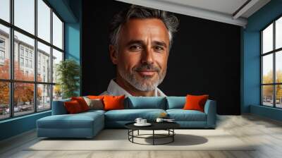 A confident mature man smiles against a dark background. His gray hair and stylish look reflect modern trends. This portrait captures professionalism and approachability. AI Wall mural