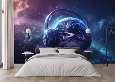 A cosmic symphony: earth with headphones in space illustration. digital art for music and sci-fi lovers. perfect for backgrounds. AI Wall mural